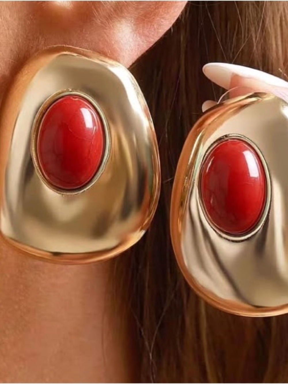 Anthropologie Gold-Tone Statement Earrings with Red Cabochon - Picture 2 of 6